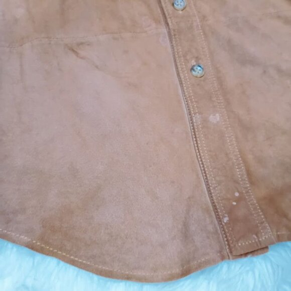 Bullock & Jones Mens Medium Suede Button-Up Shirt In Tan With Double Flap Pocket - Picture 9 of 16